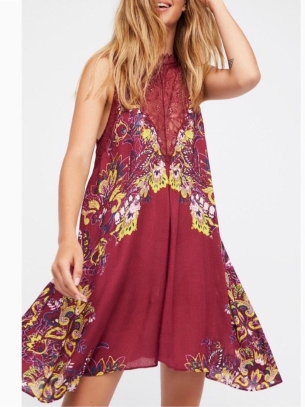 Free People Maroon Floral Lace Dress